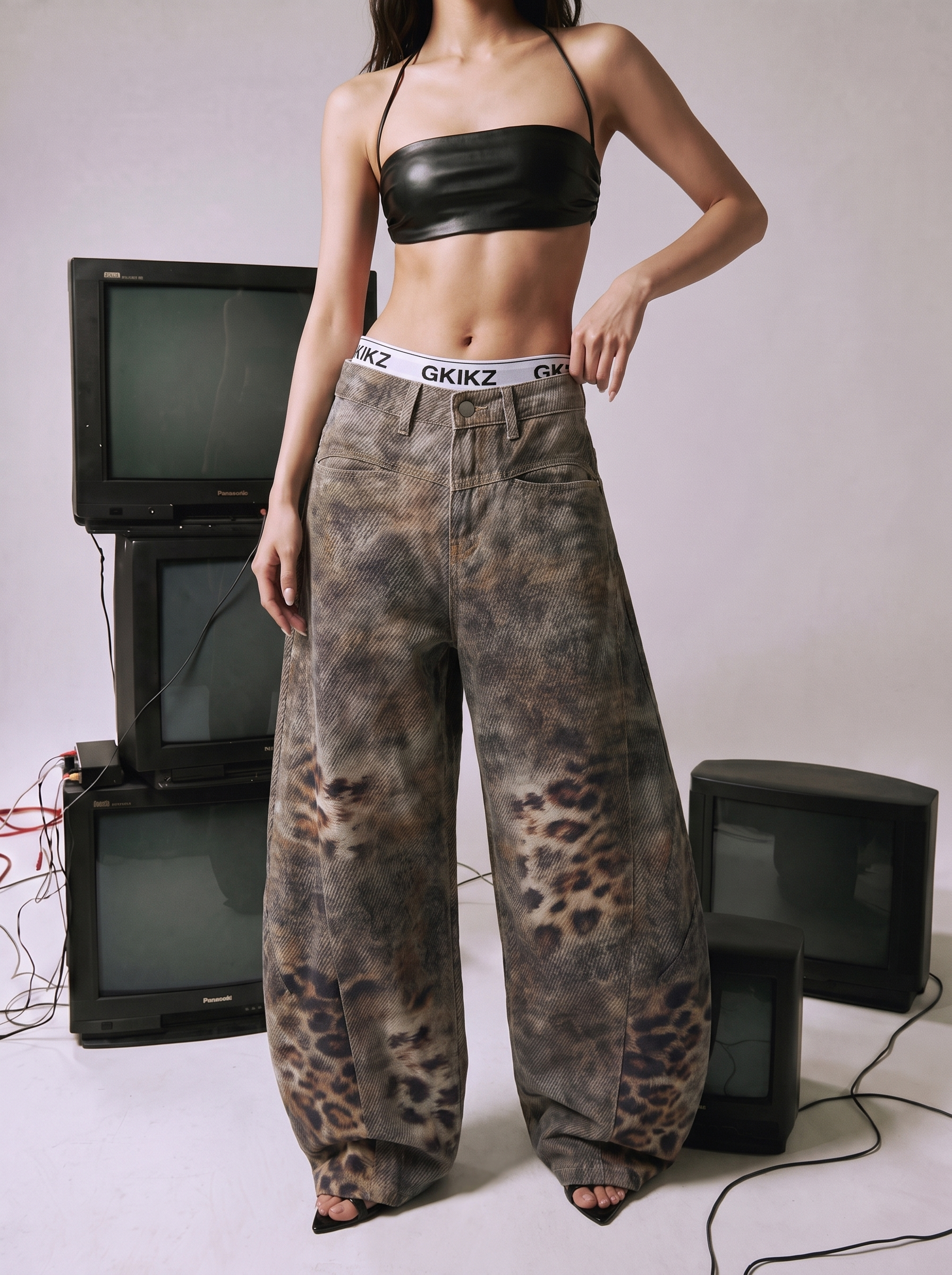 Distressed Leopard Wide-Leg Denim