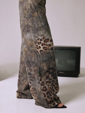 Distressed Leopard Wide-Leg Denim