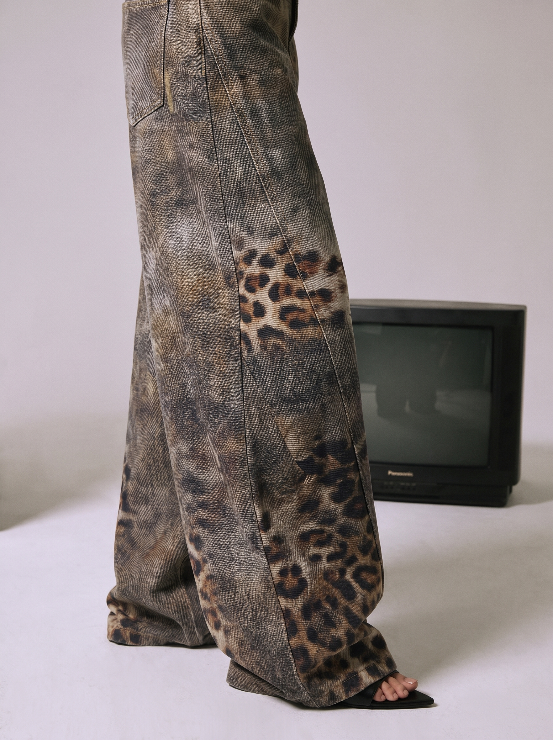 Distressed Leopard Wide-Leg Denim