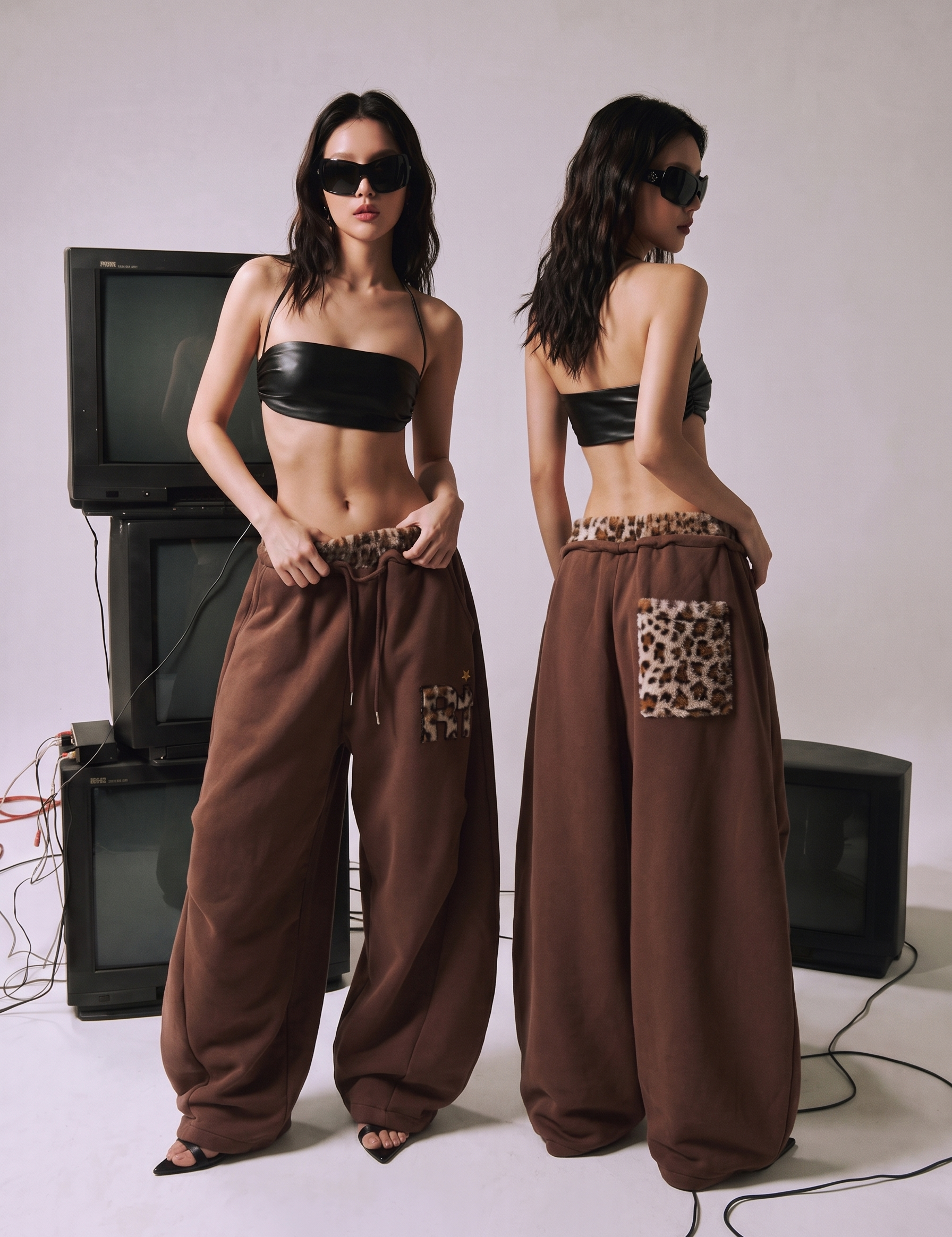Leopard Trim Double-Waist Wide-Leg Sweatpants