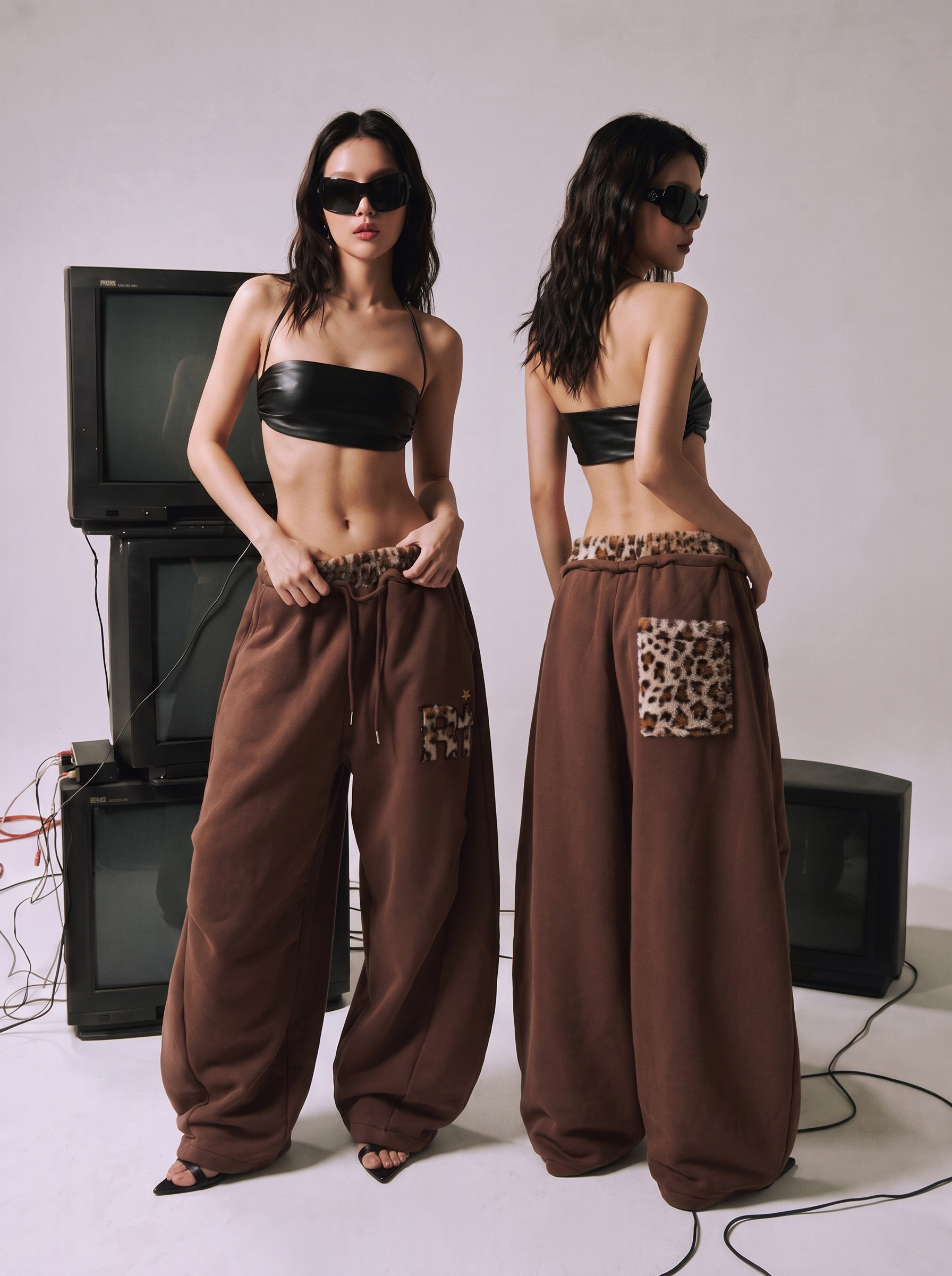 Leopard Trim Double-Waist Wide-Leg Sweatpants