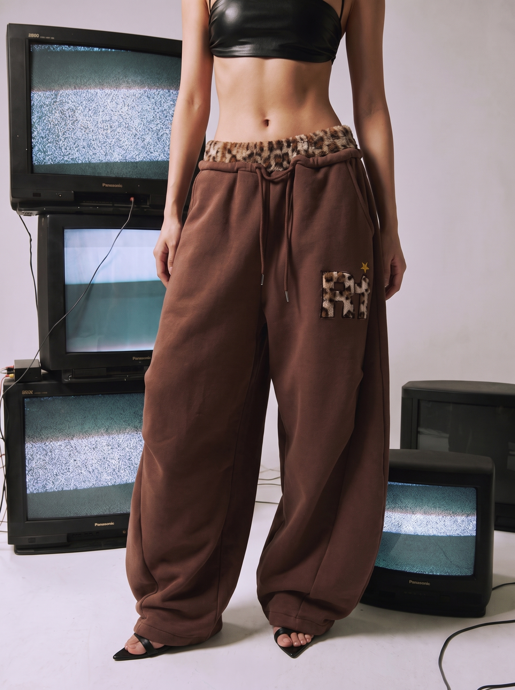 Leopard Trim Double-Waist Wide-Leg Sweatpants