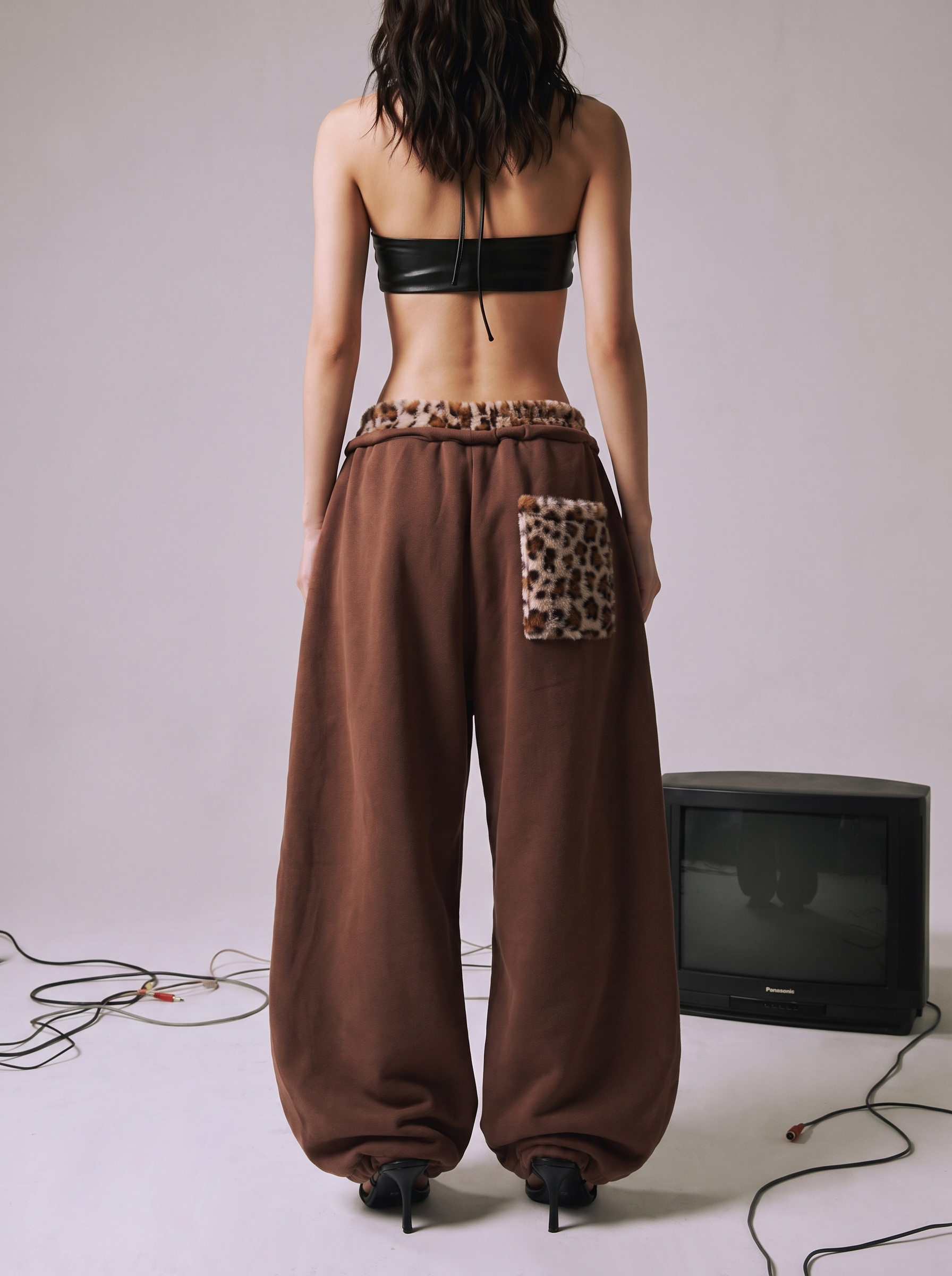 Leopard Trim Double-Waist Wide-Leg Sweatpants
