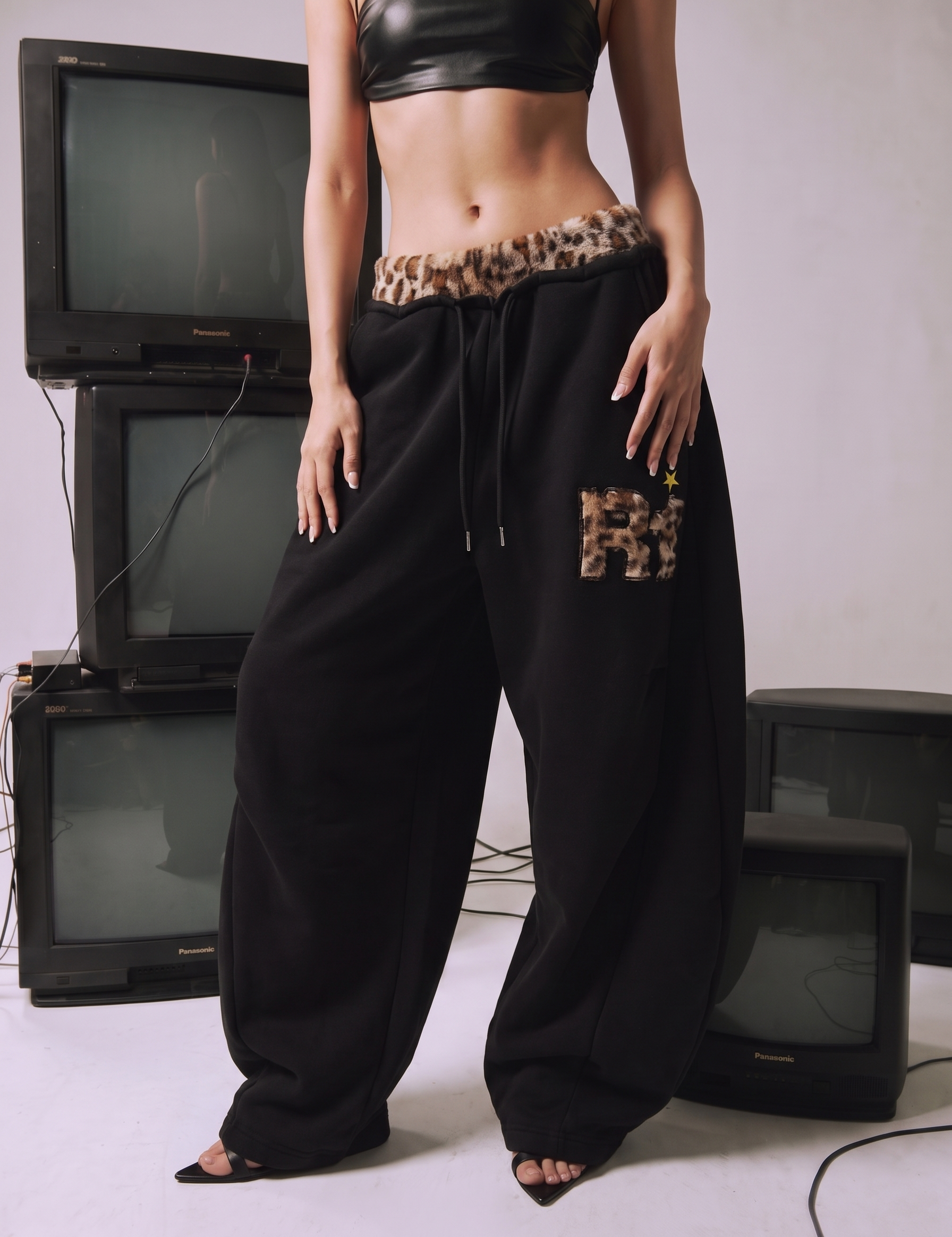 Leopard Trim Double-Waist Wide-Leg Sweatpants