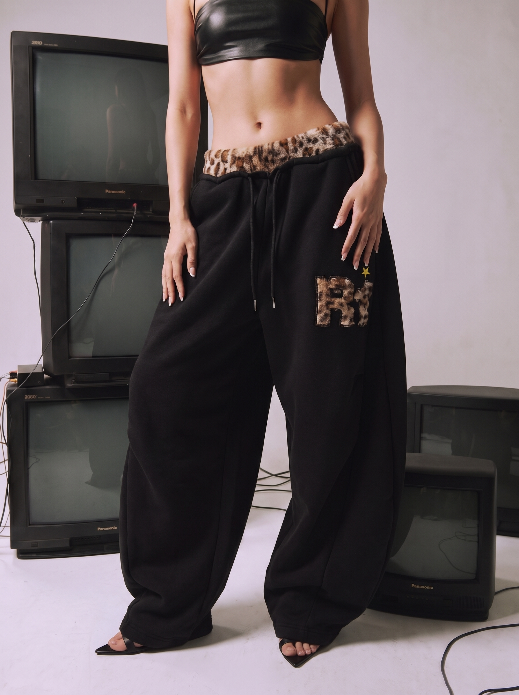 Leopard Trim Double-Waist Wide-Leg Sweatpants