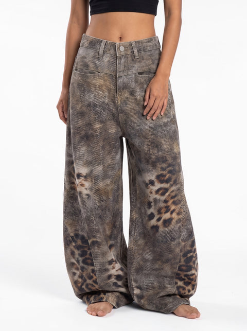 Distressed Leopard Wide-Leg Denim