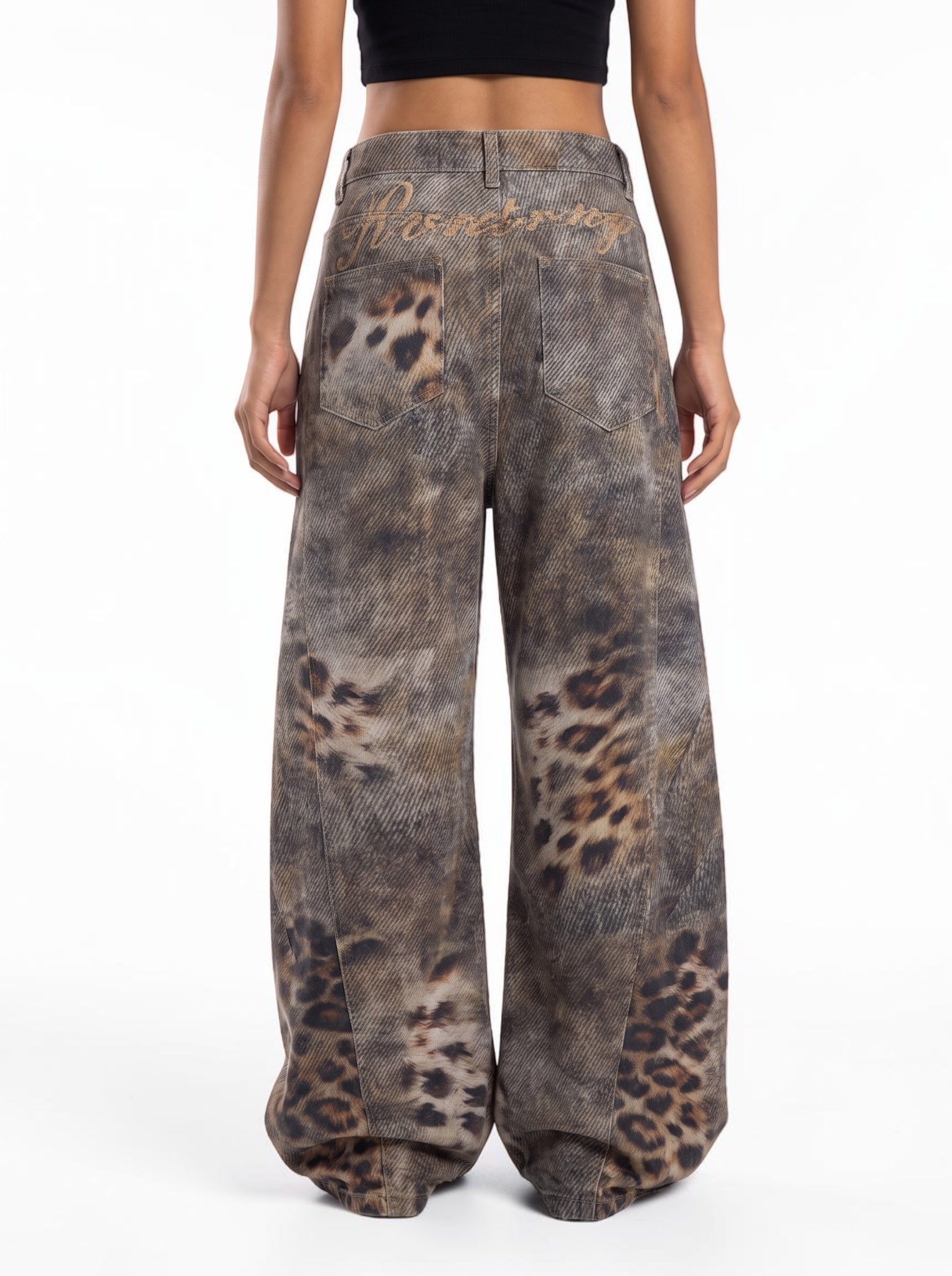 Distressed Leopard Wide-Leg Denim