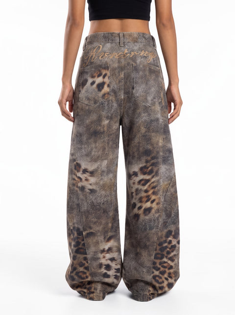 Distressed Leopard Wide-Leg Denim
