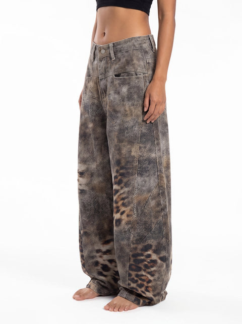 Distressed Leopard Wide-Leg Denim