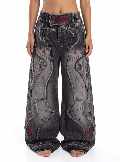 Raw-Edge Embroidered Distressed Jeans