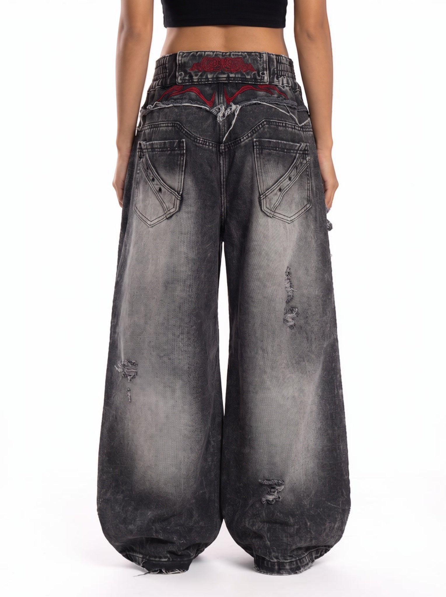 Raw-Edge Embroidered Distressed Jeans