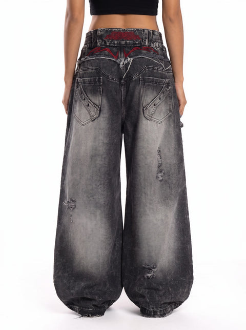 Raw-Edge Embroidered Distressed Jeans