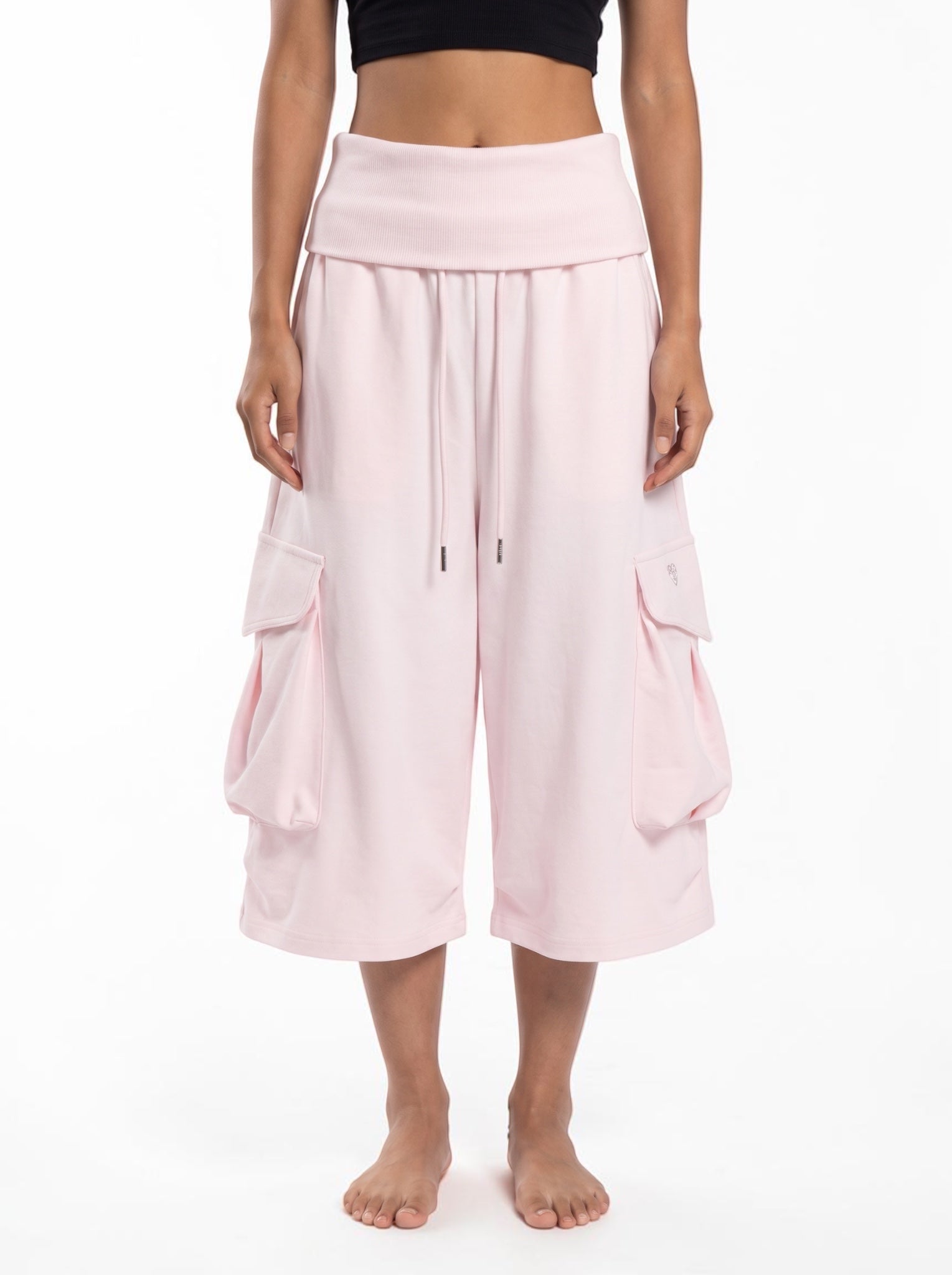 Bubble Pink Large Pocket Fold Waist Cotton Shorts