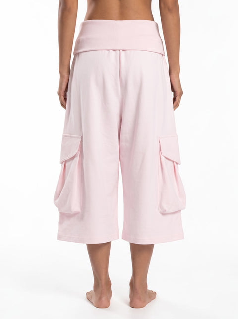 Bubble Pink Large Pocket Fold Waist Cotton Shorts