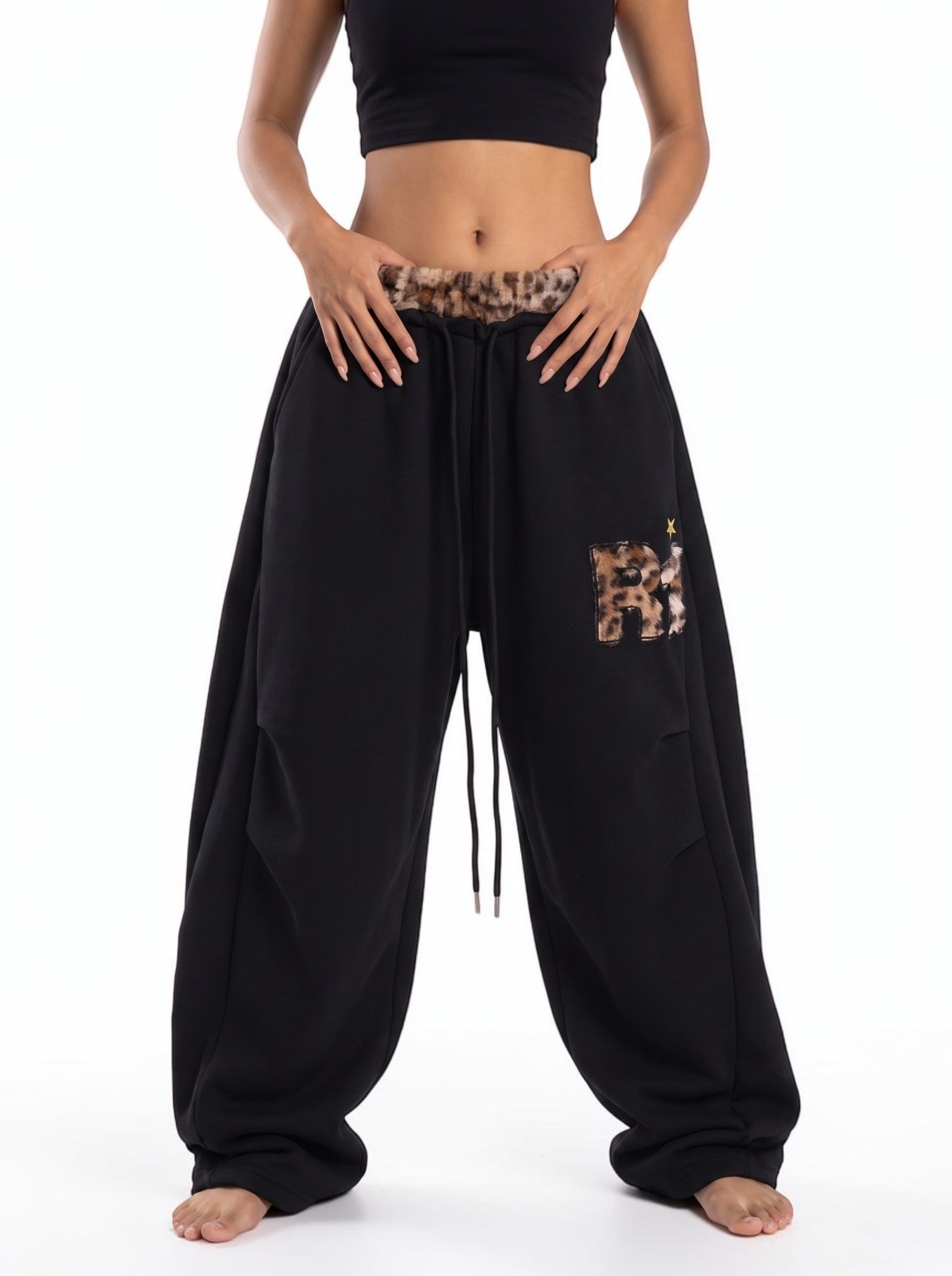 Leopard Trim Double-Waist Wide-Leg Sweatpants