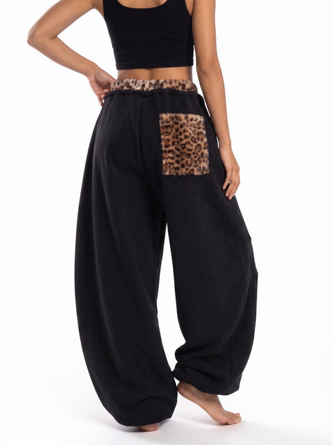 Leopard Trim Double-Waist Wide-Leg Sweatpants