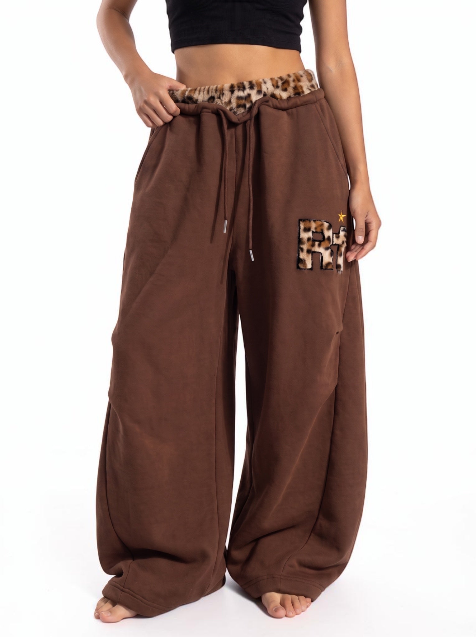 Leopard Trim Double-Waist Wide-Leg Sweatpants