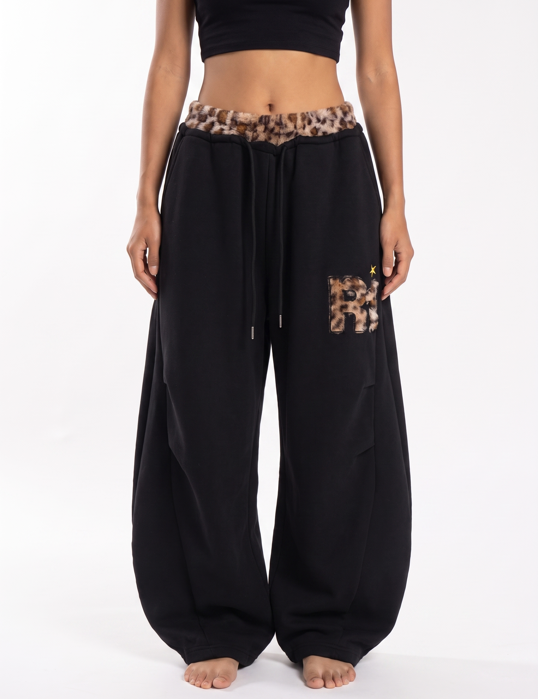 Leopard Trim Double-Waist Wide-Leg Sweatpants
