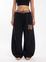 Leopard Trim Double-Waist Wide-Leg Sweatpants