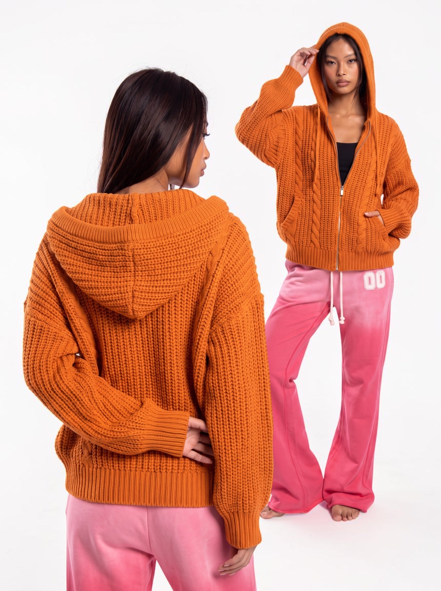 KHOKI  コッキ  Nep overdye knit オレンジ Chunky Knit Hooded Zipper - Cozy Limited Edition – Gkikz