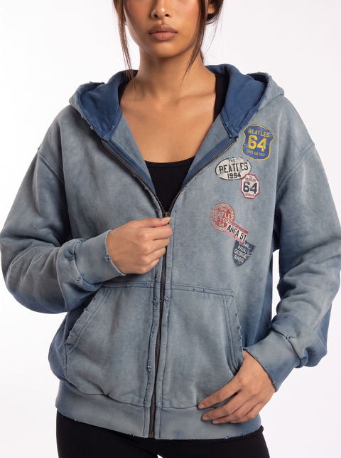 Vintage Badge-Print Distressed Jacket