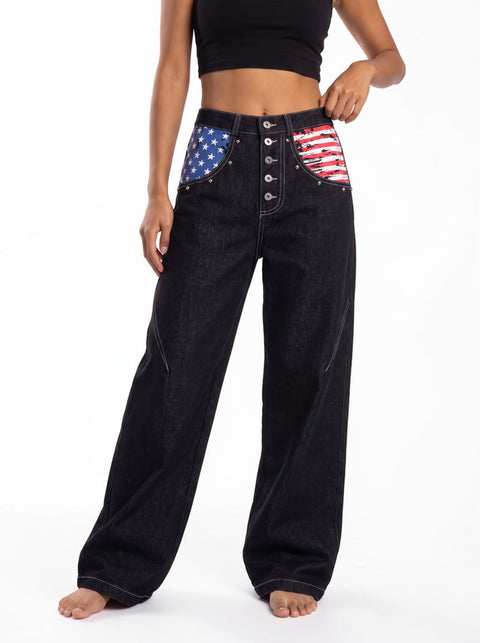 "Proud Eagle" Raw Denim Wide-Leg Jeans