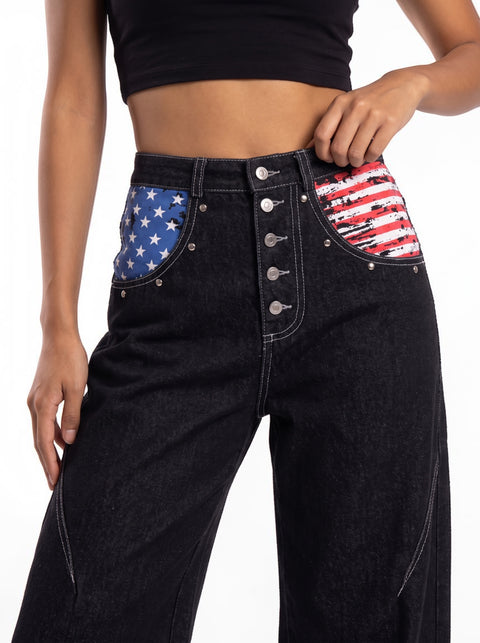 "Proud Eagle" Raw Denim Wide-Leg Jeans