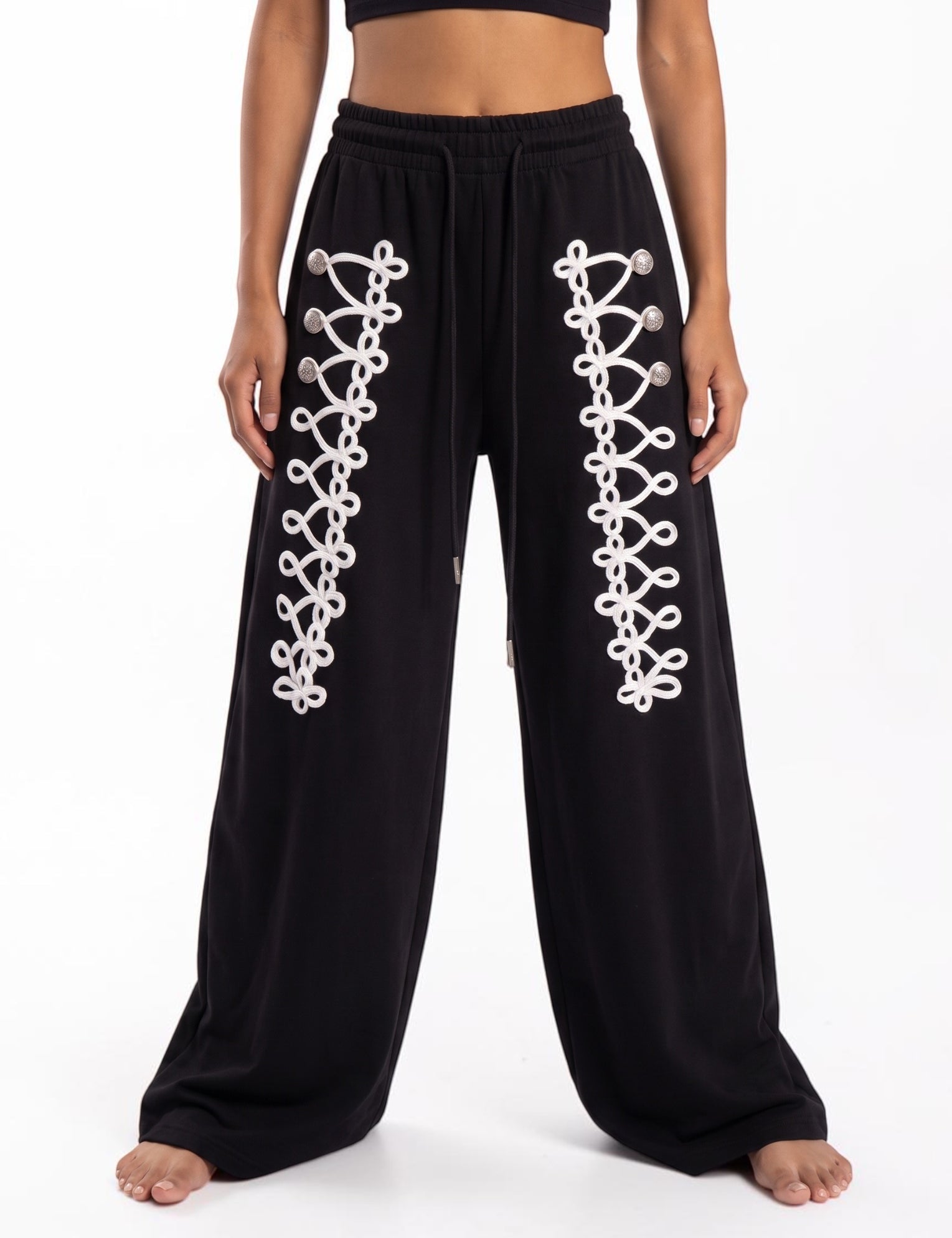 Sabre Cord-Embroidered Wide-Leg Pants
