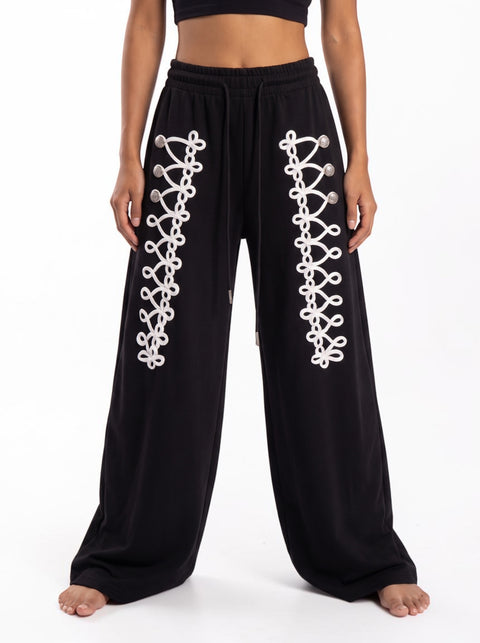 Sabre Cord-Embroidered Wide-Leg Pants