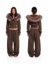Sable Fur-Trim Cropped Hoodie Set