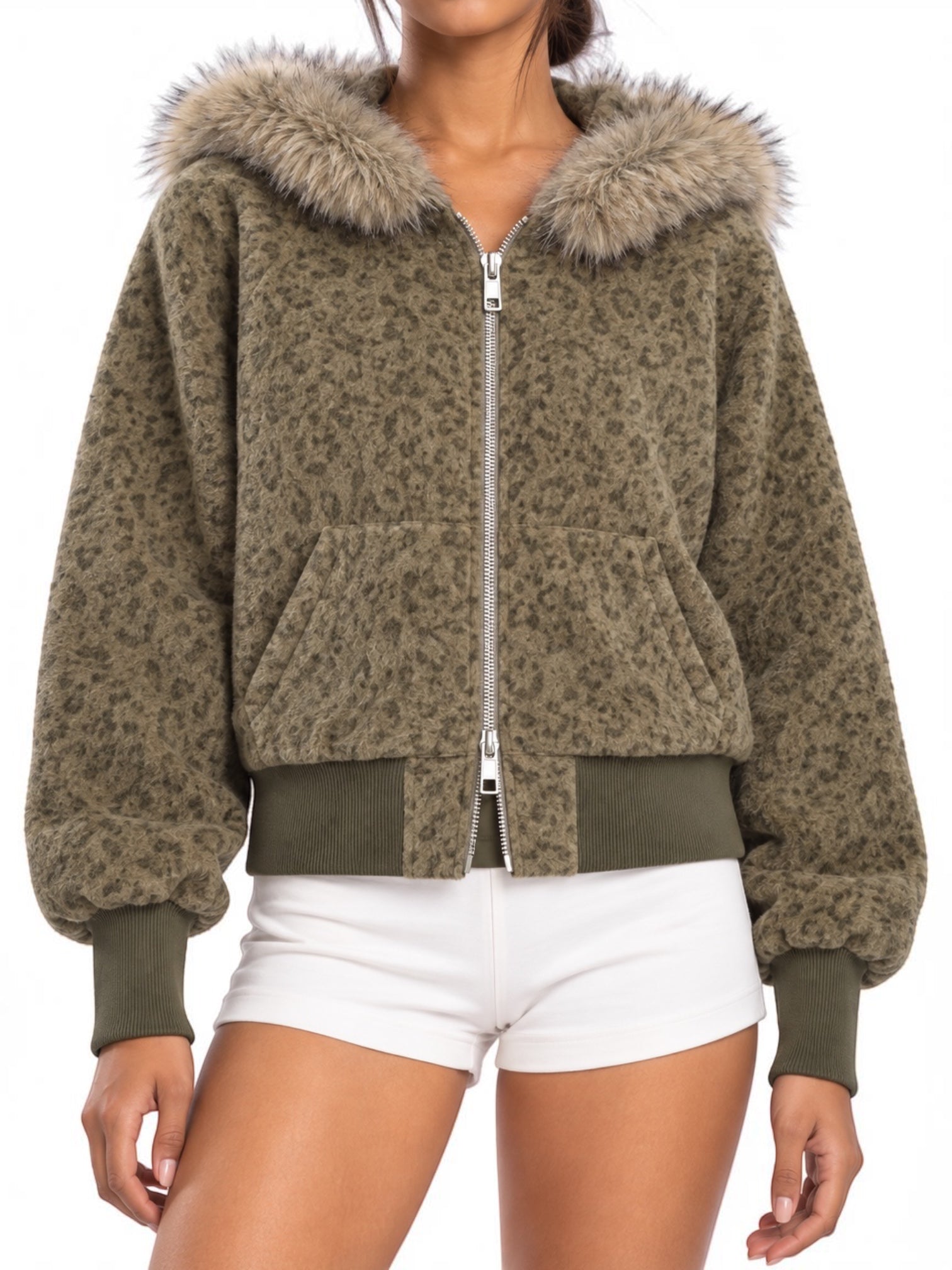 Maillard Leopard Faux-Fur Hood Jacket