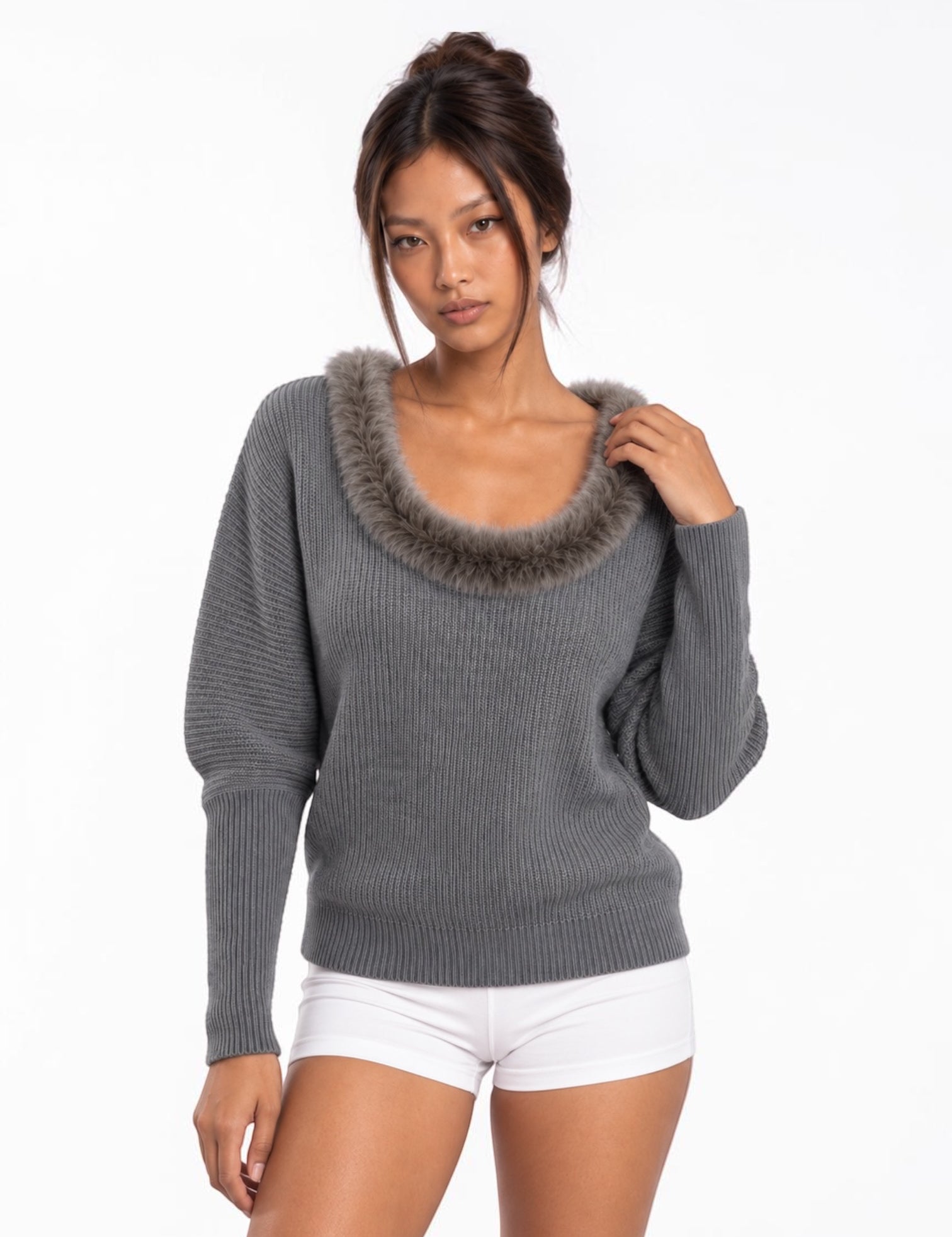 Halo Faux-Fur Collar Knit Sweater
