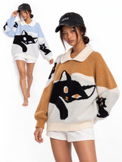 Midnight Cat Colorblock Knit Sweater