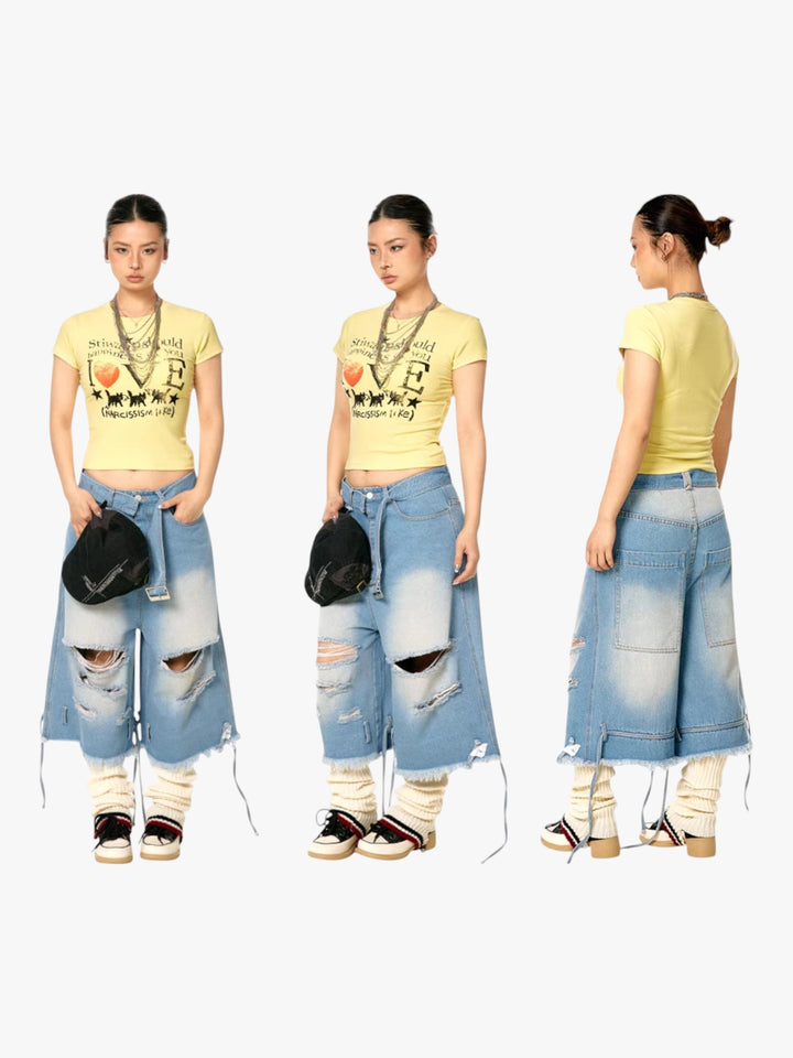 GKIKZ DISTRESSED DENIM BERMUDA JORTS
