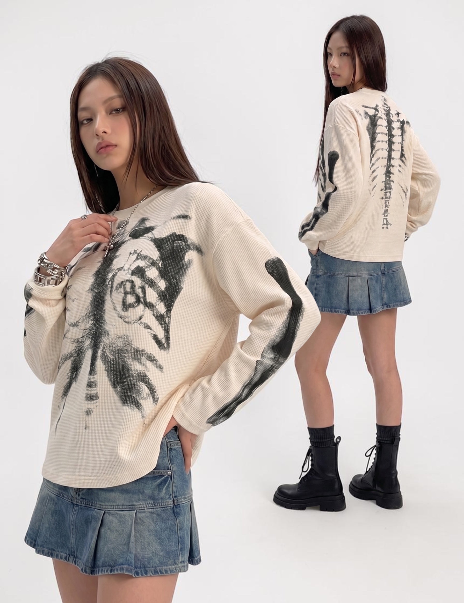 Skeleton Cotton Waffle Sweatshirt