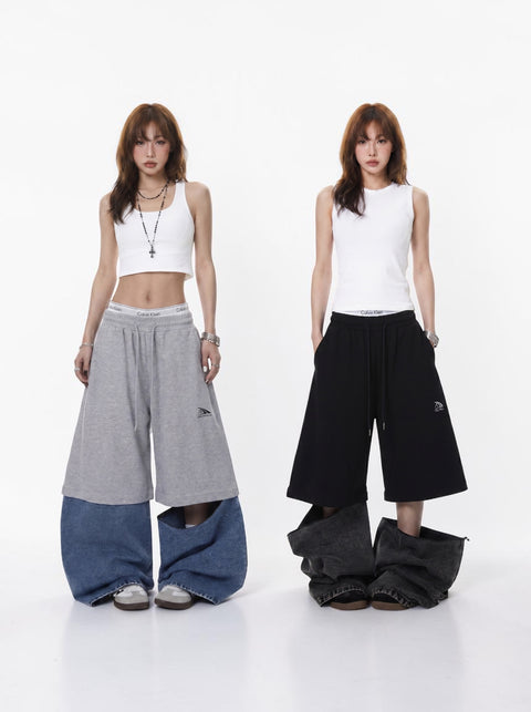 Half Cotton Half Denim Detachable Baggy Pants