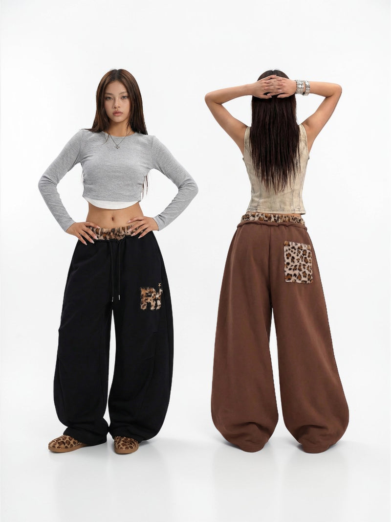 Leopard Trim Double-Waist Wide-Leg Sweatpants