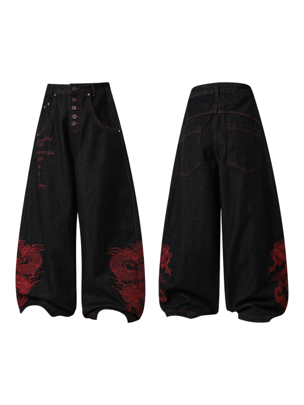 Dragon Embroidered Baggy Heavy Denim Jeans