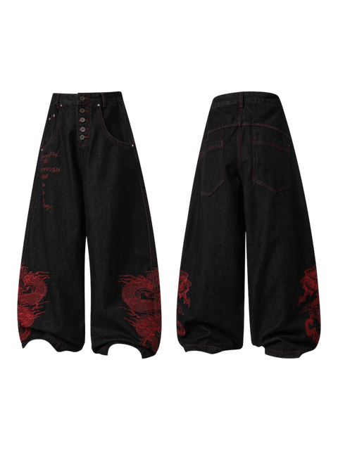 Dragon Embroidered Baggy Heavy Denim Jeans