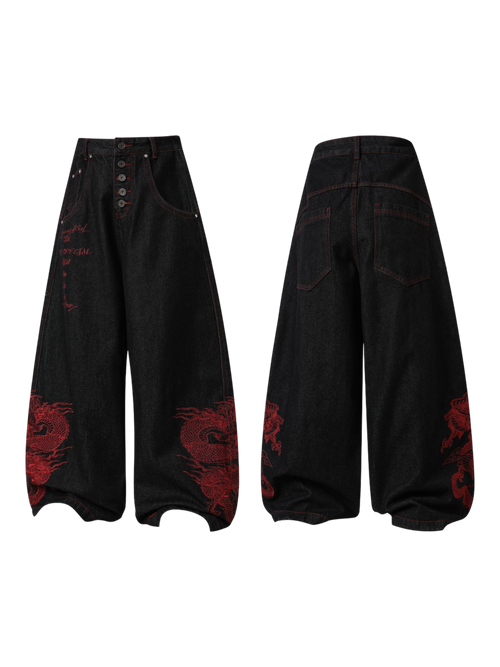 Dragon Embroidered Baggy Heavy Denim Jeans