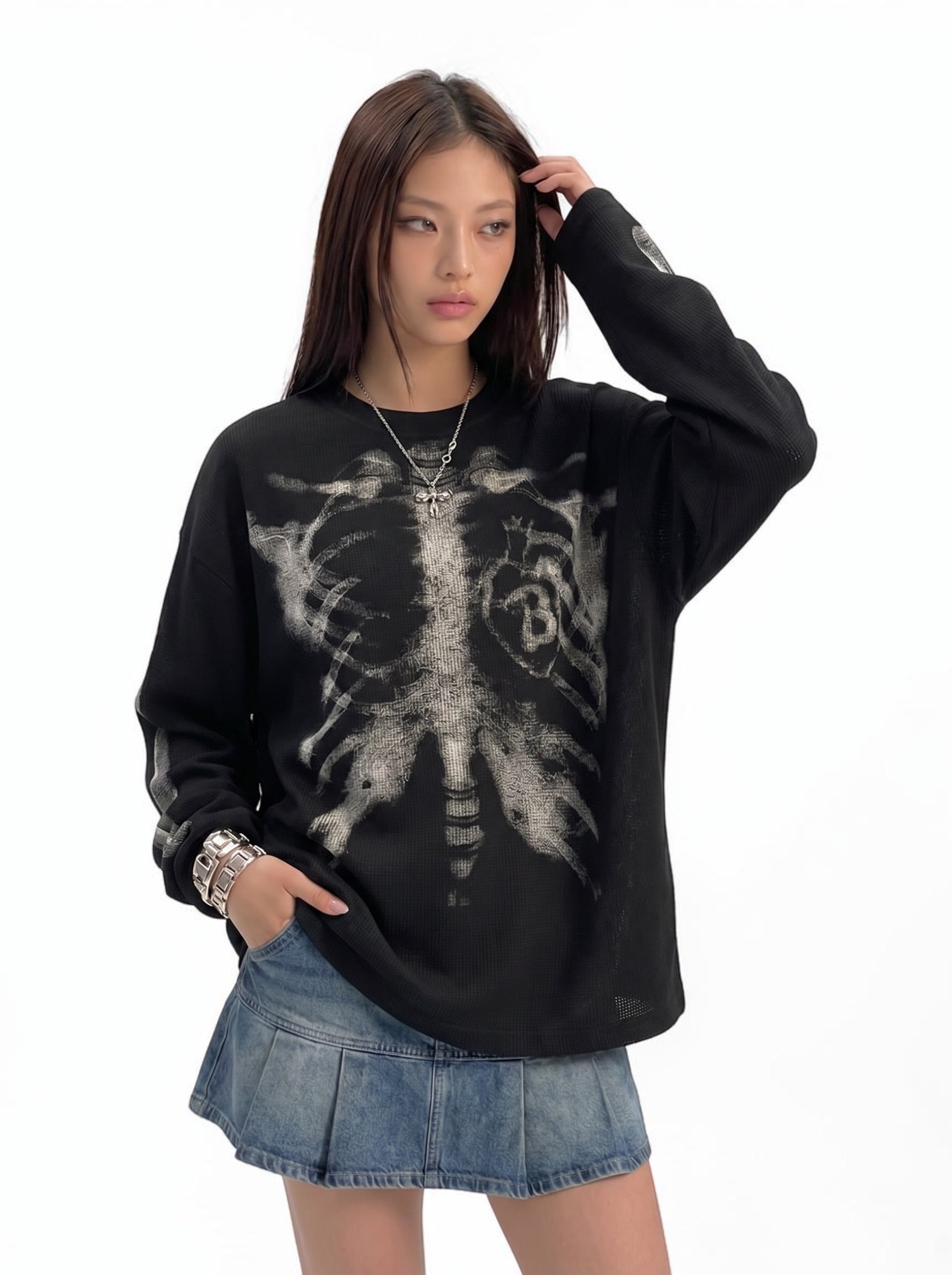 Skeleton Cotton Waffle Sweatshirt