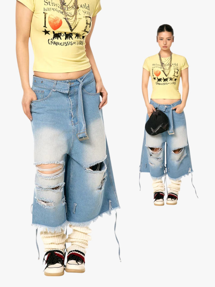 GKIKZ DISTRESSED DENIM BERMUDA JORTS