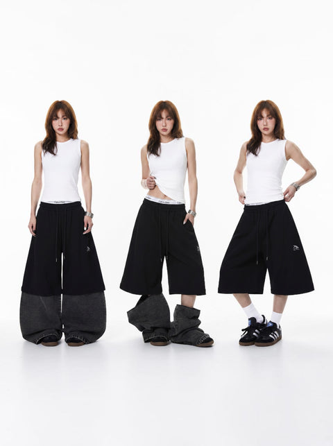 Half Cotton Half Denim Detachable Baggy Pants
