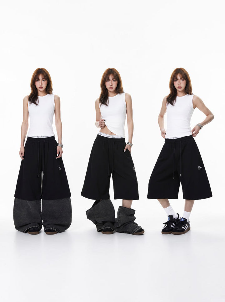 Half Cotton Half Denim Detachable Baggy Pants