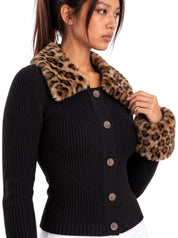 Leopard-Collar Ribbed Cardigan