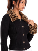 Leopard-Collar Ribbed Cardigan