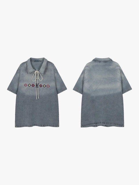 GKIKZ TIE-UP COLLAR WASHED HEAVY COTTON TEES