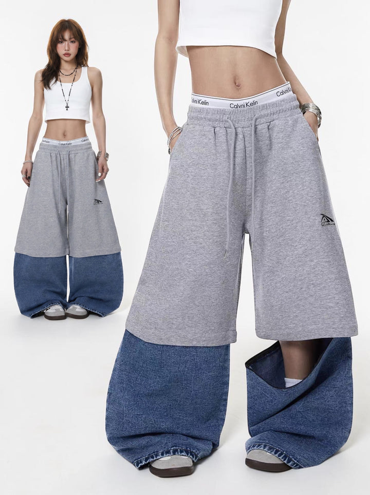 Half Cotton Half Denim Detachable Baggy Pants