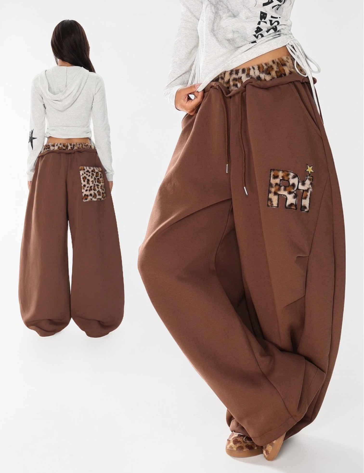 Leopard Trim Double-Waist Wide-Leg Sweatpants