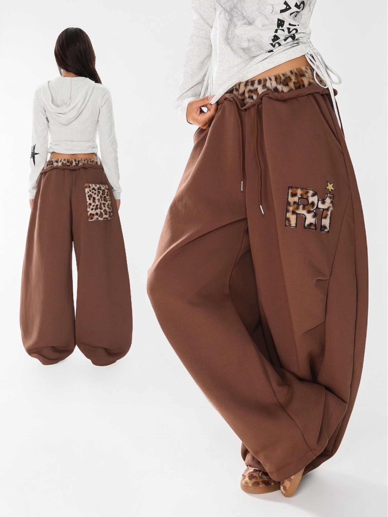 GKIKZ LEOPARD TRIM DOUBLE-WAIST WIDE-LEG SWEATPANTS